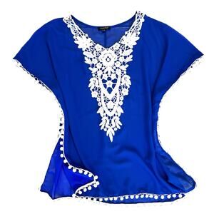 Chiffon Crochet Swimsuit Pullover Cover Up Womens S-M Blue White Beachy Vacation
